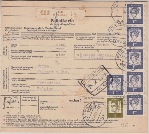BRD - 6x1 M.+5 Pfg. Bed. Deutsche Paketkarte n. BELGIEN Roth b. Nürnberg 1963