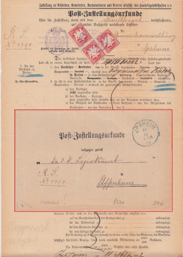 Bayern - 3x10 Pfg. Wappen Post-Zustellurkunde Ipsheim - Uffenheim 1902