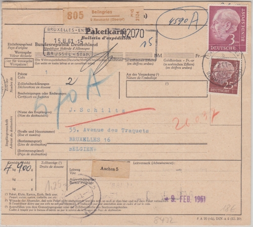 BRD - 3 M.+25 Pfg. Heuss Paketkarte n. BELGIEN Beilngries ü. Neumarkt 1961