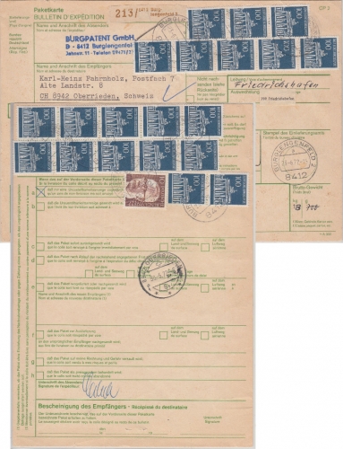 BRD - 20x100 Pfg. Brandenburger Tor u.a. Paketkarte i.d. SCHWEIZ Burglengenfeld