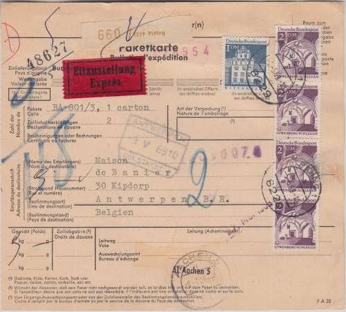 BRD - 4x2+1 M. Bauwerke Eilboten-Paketkarte n. BELGIEN Piding - Antwerpen 1969