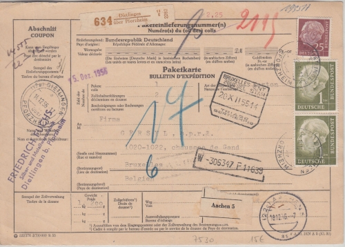 BRD - 2x1 M.+25 Pfg. Heuss Paketkarte n. BELGIEN Dietlingen ü. Pforzheim 1956