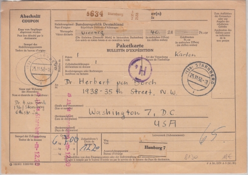 BRD - Starnberg 1958 12,20 M. Registrierkassen-Stpl. Paketkarte n Washington USA