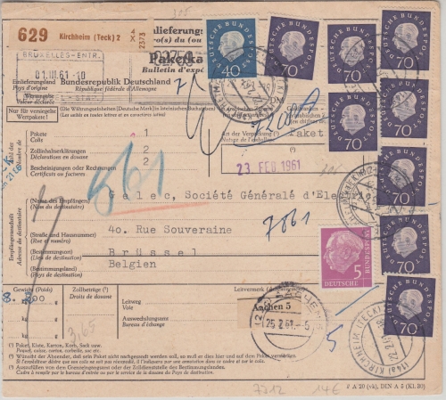 BRD - 8x70 Pfg. Heuss Med. u.a. Paketkarte n. BELGIEN Kirchheim - Brüssel 1961