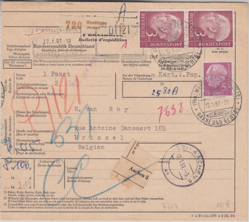 BRD - 2x3 M.+5 Pfg. Heuss Paketkarte n. BELGIEN Wendlingen - Brüssel 1961