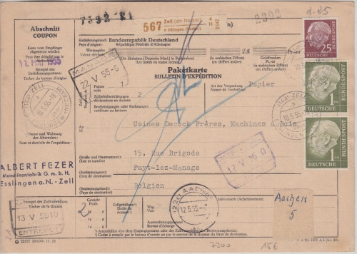 BRD - 2x1 M.+25 Pfg. Heuss Paketkarte n. BELGIEN Zell ü. Esslingen 1955