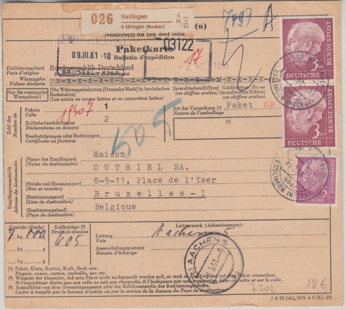 BRD - 2x3 M.+5 Pfg. Heuss Paketkarte n. BELGIEN Nellingen ü. Esslingen 1961