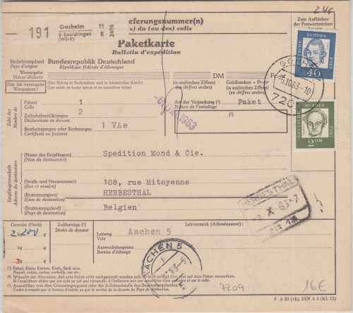 BRD - 2 M.+40 Pfg. Bed. Deutsche Paketkarte n. BELGIEN Gosheim ü. Spaichingen