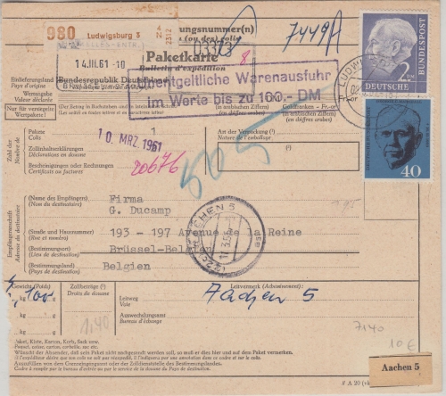 BRD - 2 M. Heuss u.a. Paketkarte n. BELGIEN Ludwigsburg 3 - Brüssel 1961