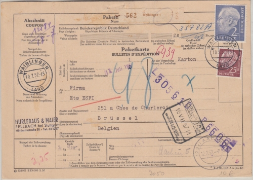 BRD - 2 M.+25 Pfg. Heuss Paketkarte n. BELGIEN Waiblingen Land - Brüssel 1957