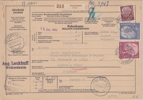 BRD - 3+2 M.+25 Pfg. Heuss Paketkarte n. BELGIEN Weikersheim - Namur 1955