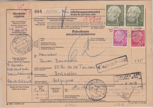 BRD - 1 M. Paar Heuss u.a. Paketkarte n. BELGIEN Mörlenbach ü. Weinheim 1956