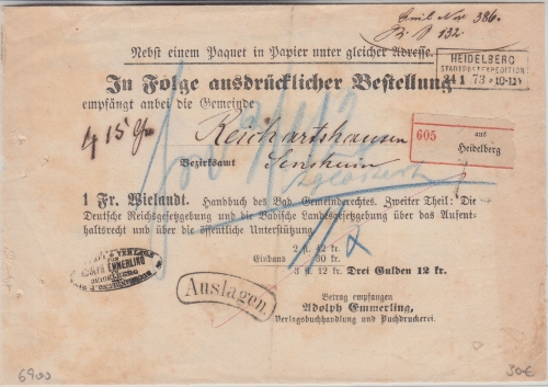 DR - Heidelberg Stadtpostexpedition Ra3 Auslagen-Paketbegleitbrief 1873