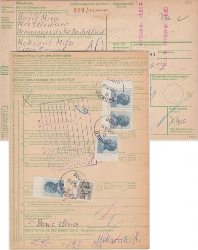 BRD - Illertissen 1976 7,80 M. Registrierkassen-Stpl. Paketkarte n. KROATIEN