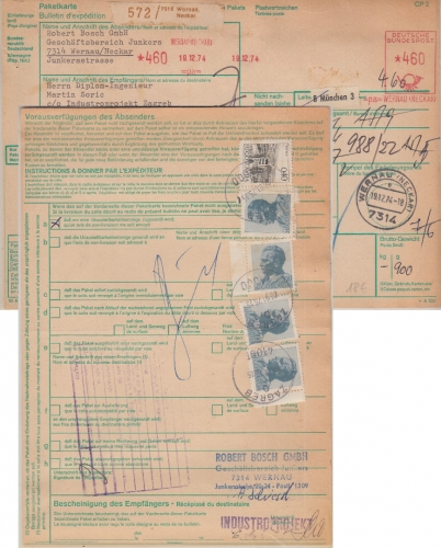 BRD - Wernau Neckar 1974 4,60 M. Postfreistempel Paketkarte n. KROATIEN