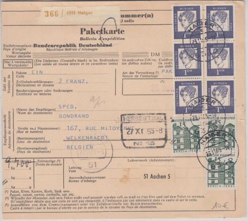 BRD - 6x1 M. Bed. Deutsche u.a. Paketkarte n. BELGIEN Haiger - Welkenraedt 1965