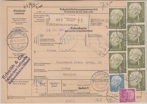 BRD - 7x1 M.+30+5 Pfg. Heuss Paketkarte n. BELGIEN Geisenheim - Liege 1957