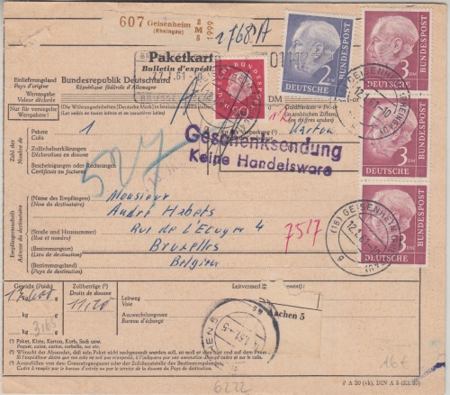 BRD - 3x3+2 M.+20 Pfg. Heuss Paketkarte n. BELGIEN Geisenheim - Brüssel 1961