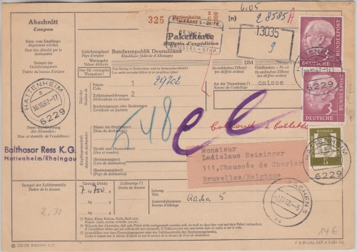 BRD - 2x3+2 M. Heuss u.a. Paketkarte n. BELGIEN Hattenheim - Brüssel 1962