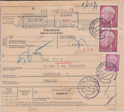 BRD - 2x3 M.+5 Pfg. Heuss Paketkarte n. BELGIEN Neheim-Hüsten - Brüssel 1961