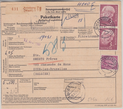 BRD - 2x3 M.+5 Pfg. Heuss Paketkarte n. BELGIEN Arnsberg - Zuun les Brüssel 1961