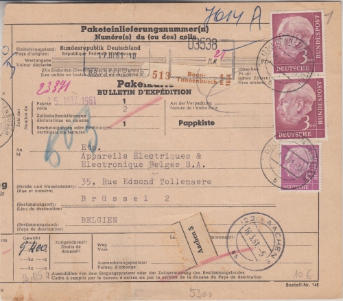 BRD - 2x3 M.+5 Pfg. Heuss Paketkarte n. BELGIEN Bonn-Tannenbusch - Brüssel 1961
