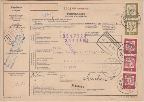 BRD - 2x90+3x20 Pfg Bed. Deutsche Paketkarte n BELGIEN Dattenfeld Antwerpen 1964