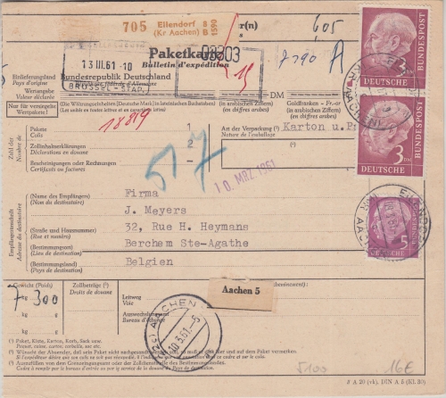 BRD - 2x3 M.+5 Pfg. Heuss Paketkarte n. BELGIEN Eilendorf - Barchem 1961