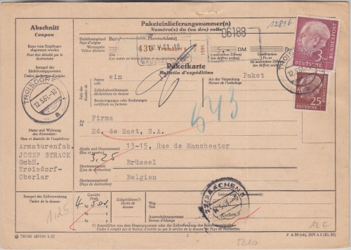 BRD - 3 M.+25 Pfg. Heuss Paketkarte n. BELGIEN Troisdorf - Brüssel 1961