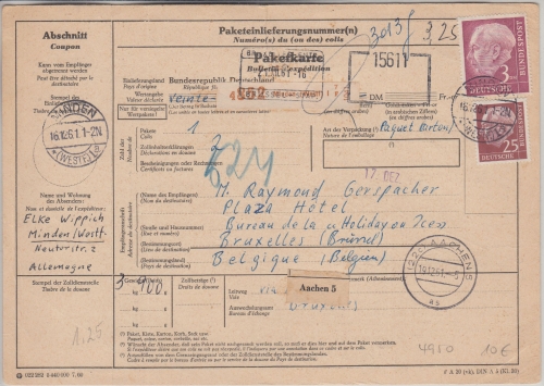 BRD - 3 M.+25 Pfg. Heuss Paketkarte n. BELGIEN Minden - Brüssel 1961
