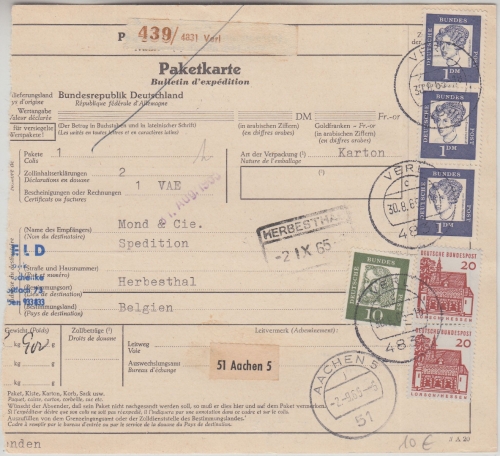 BRD - 3x1 M. Bed. Deutsche u.a. Paketkarte n. BELGIEN Verl - Herbesthal 1965