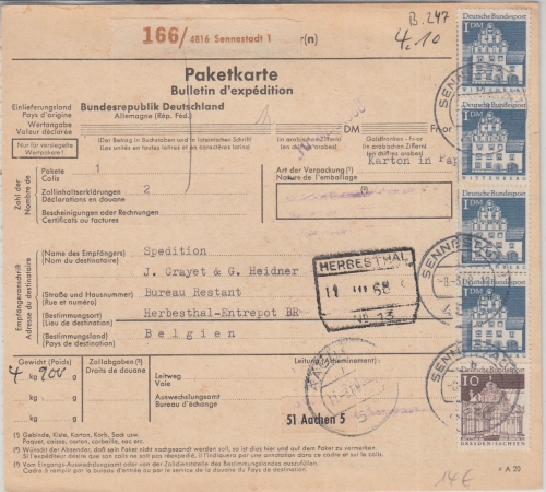 BRD - 4x1 M.+10 Pfg. Bauwerke Paketkarte n. BELGIEN Sennestadt - Herbesthal 1965