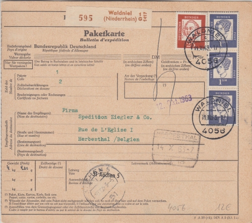 BRD - 3x1 M.+25 Pfg. Bed. Deutsche Paketkarte n BELGIEN Waldniel Herbesthal 1965