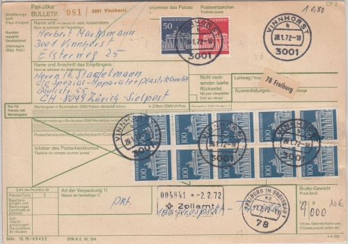 BRD - 10x100 Pfg. Brandenburger Tor u.a. Paketkarte i.d. SCHWEIZ Vinnhorst 1972