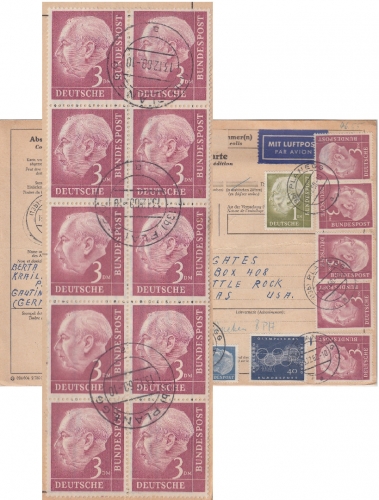 BRD - 3 M. Heuss ZEHNERBLOCK u.a. Luftpost-Paketkarte n. USA Planegg 1960
