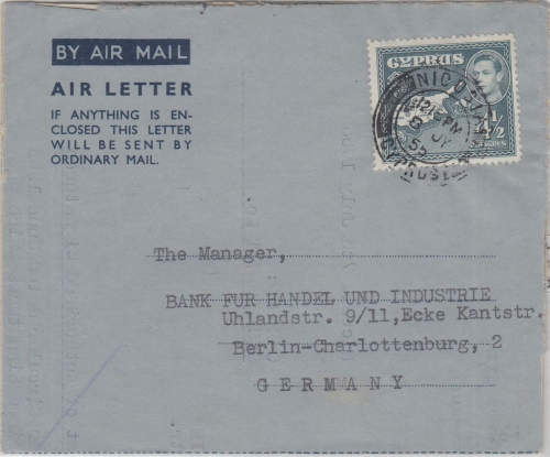 Zypern - 4 1/2 Pia. Aerogramme Nicosia - Berlin 1955