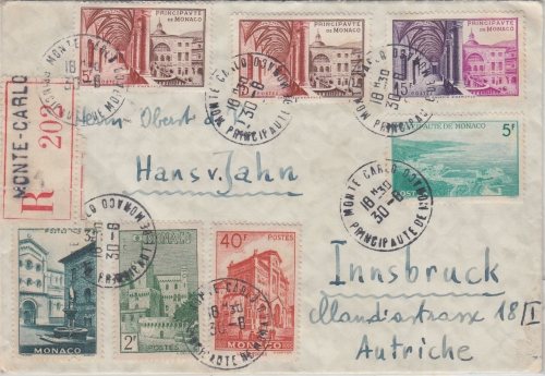 Monaco - 15 Fr. Postmuseum u.a. Einschreibebrief Monte Carlo - Innsbruck 1952