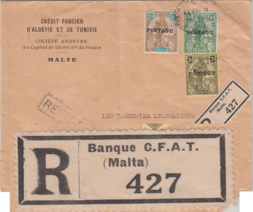 Malta - 3 P. Freimarken/Überdruck Einschreibebrief Banque CFAT n FRANKREICH 1933