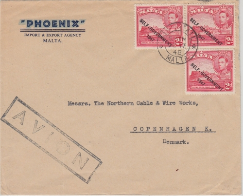 Malta - 3x2 P Freimarken/Überdruck Luftpostbrief n. DÄNEMARK 1948