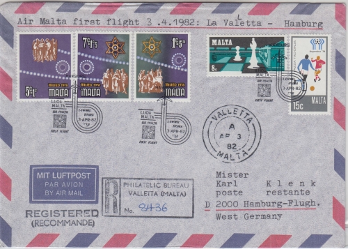 Malta - Air Malta Erstflug Valletta Hamburg Luftpost-Einschreibebrief 1982