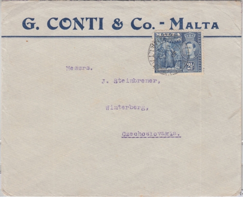 Malta - 2 1/2 P Freimarke Firmenbrief n. TSCHECHIEN Valletta - Winterberg 1938