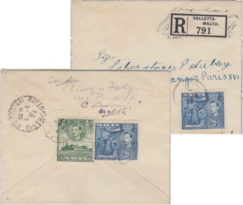 Malta - 2x2 1/2 + 1/2 P. Freimarken Einschreibebrief n. FRANKREICH Valletta 1939