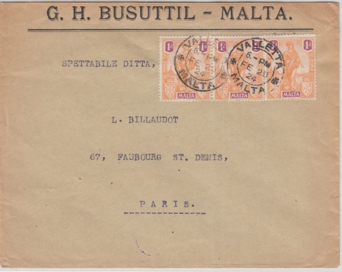 Malta - 3x1 P. Freimarke Melita Firmenbrief n. FRANKREICH Valletta - Paris 1924