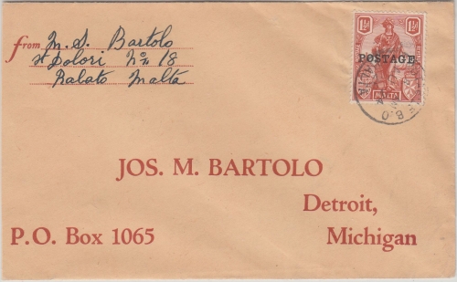 Malta - 1 1/2 P. Freimarke/Überdruck Firmenbrief n. USA Valletta - Detroit 1926
