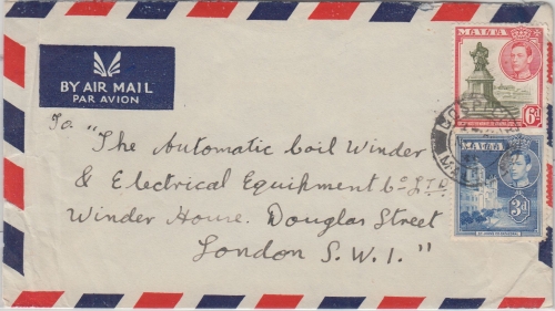 Malta - 3+6 P. Freimarken Luftpostbrief n. ENGLAND Cospicua - London 1945