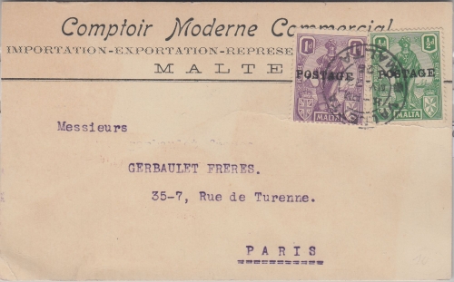 Malta - 1+1/2 P. Melita/Überdruck Firmenkarte n. FRANKREICH Valletta Paris 1926