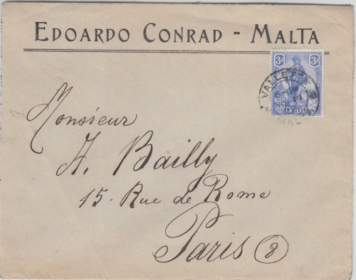 Malta - 3 P. Melita Firmenbrief n. FRANKREICH Valletta - Paris 1922