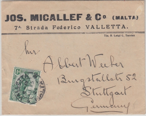 Malta - 1/2 P. Melita Firmendrucksache Valletta - Stuttgart 1924