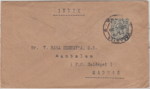 Malta - 2 P. Freimarke Georg V. Brief n. INDIEN Valletta - Madras 1920
