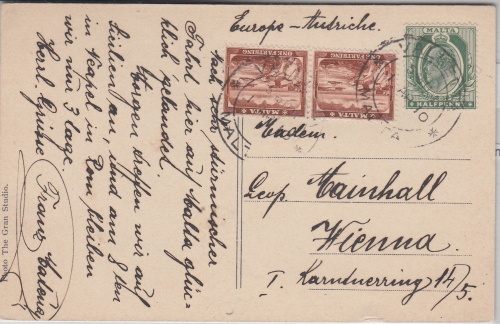 Malta - 2x1/4+1/2 P. Freimarken Karte n. ÖSTERREICH Valletta - Wien 1910